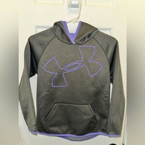 Girls Under Armour Charcoal Hoodie purple Logo like new size youth medium